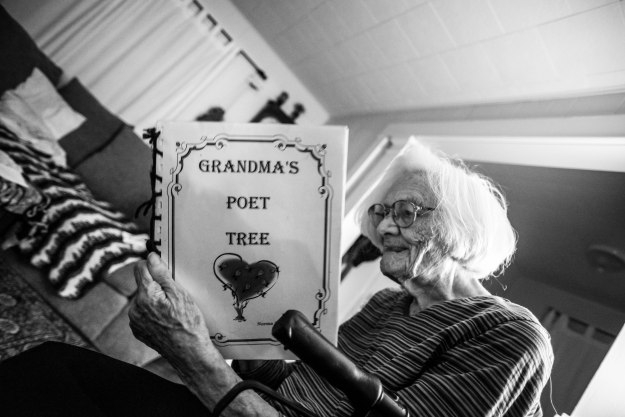 Grandma reads from her book of poetry.