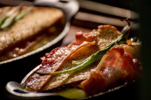 Bread dipped in Egg and Thyme, Gouda, Bacon and Green onion.