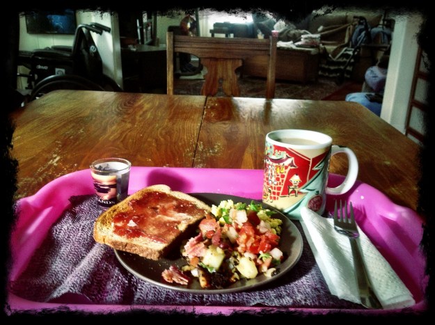 Scrambled eggs, hash browns, salsa, bacon, toast with jam, coffee and meds.
