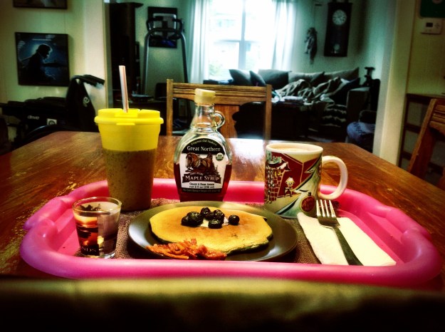 Ginger cardamom blueberry pancakes, bacon, hot cocoa, banana strawberry smoothie and meds.  Breakfast of centenarian champions.