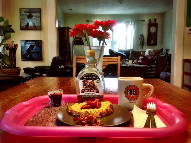 Strawberry French Toast, bacon, coffee and meds.  Grandma waves from the background.